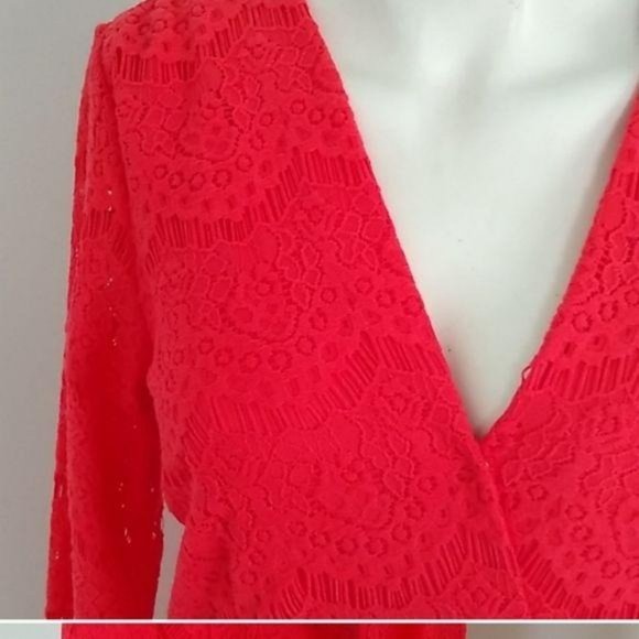 Guess Lace Dress Fitted Keyhole Back Orange Coral - Picture 3 of 7